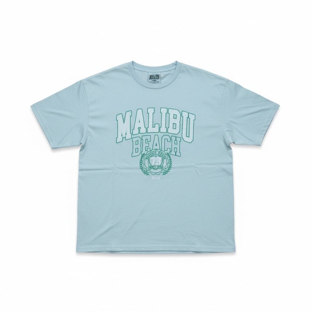 Malibu Beach Light Blue Graphic‎ T – Vintage Style Surf Tee, Short Sleeve, 10-12